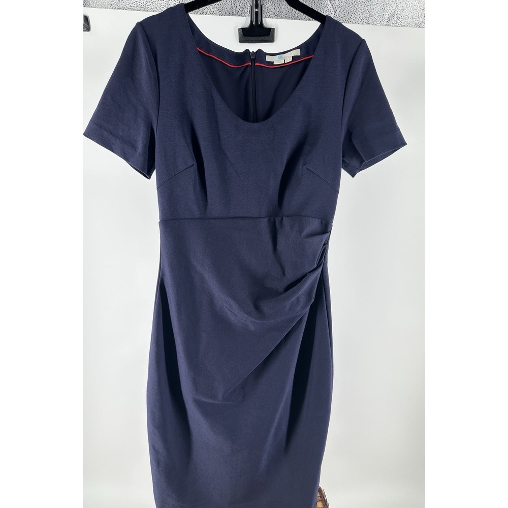 Boden Women's Ponte Knit Dress 6 Ruched Stretch Sheath Pencil Navy Blue Career